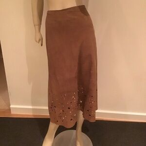 VTG Dana Buchman Brown Suede 100% Leather Fit n Flare Midi Skirt 10 32" waist